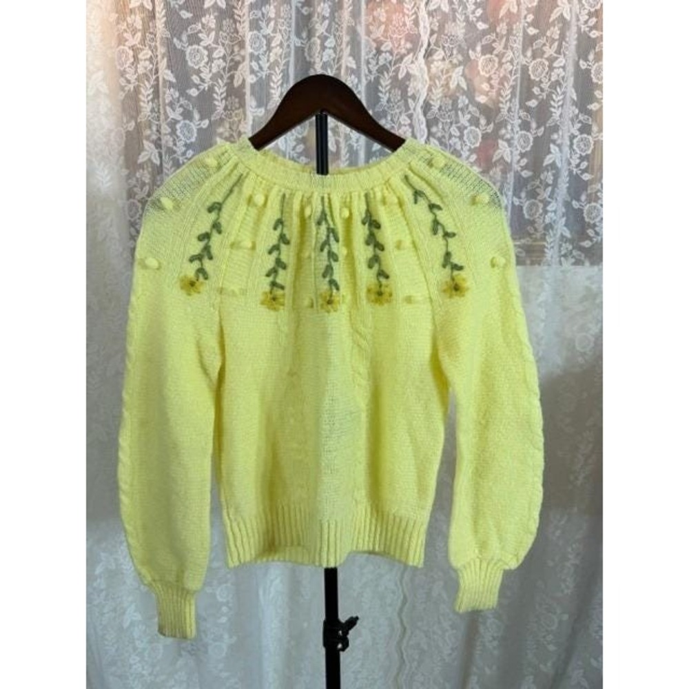 Vintage 1980's Yellow Floral Embroidered Pom Pom Knit Sweater Acrylic Medium
